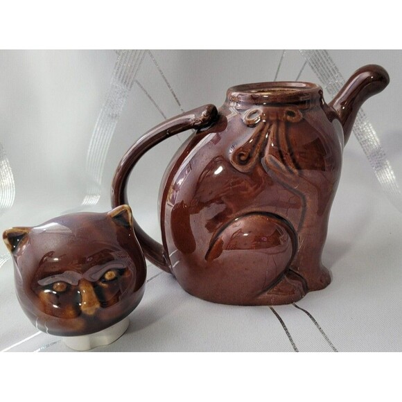 Vintage China Brown Cat Porcelain Tea‎ Pot w/ Lid Unique Whimsical - Picture 5 of 9